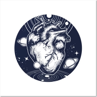 Space heart Blue and White surrounded by planets Posters and Art